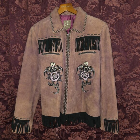 Double D Ranch Brown Suede Embroidered  Leather Fringe Jacket Woman's Size XL - Picture 1 of 9